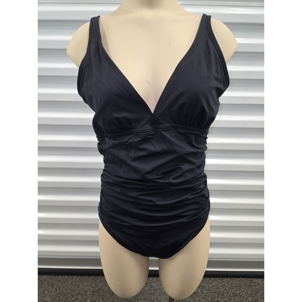 DKNY Womens Black Ruched V-Neck One Piece Swimsuit Size 14 Adjustable Straps